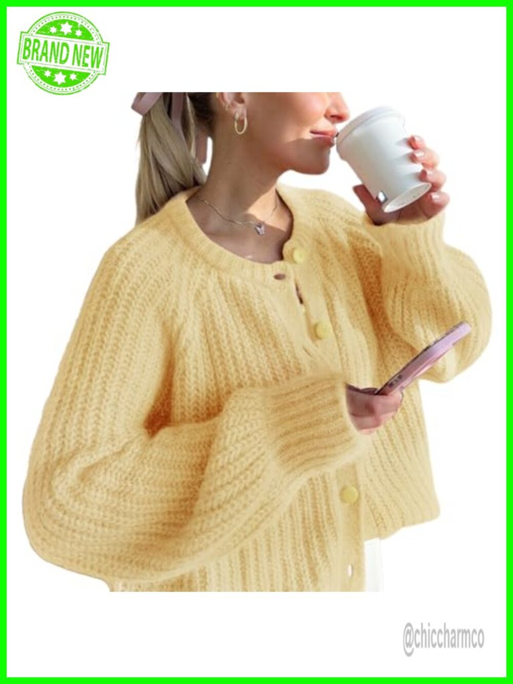 Women's Chunky Knit Cardigan Button Down Long Sleeve Cropped Y2K Sweater
